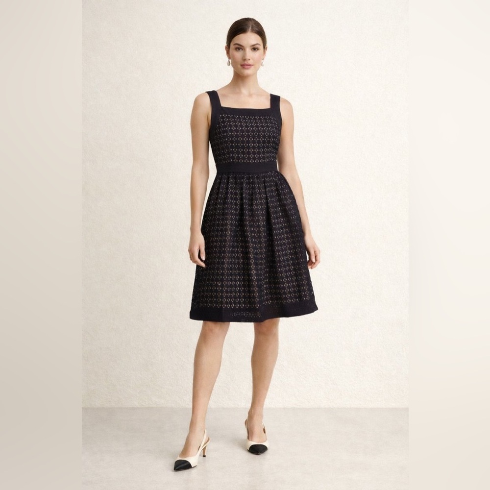 Max Mara Vintage Lace Eyelet Brown Midi Dress Size 12 100% Cotton